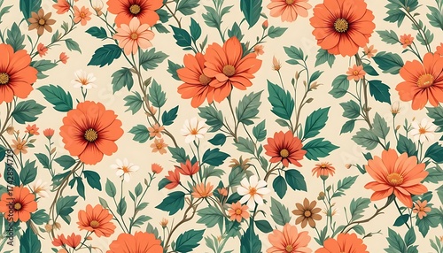 Vibrant Orange Floral Pattern with Green Leaves.