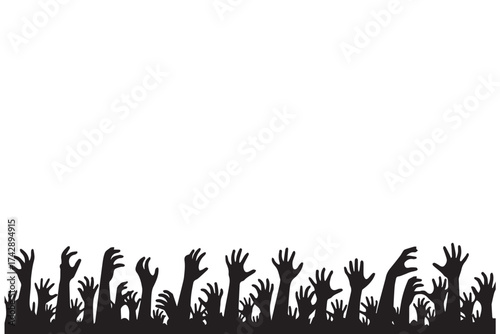 Silhouette of many hands reaching up from the bottom edge, isolated on transparent background