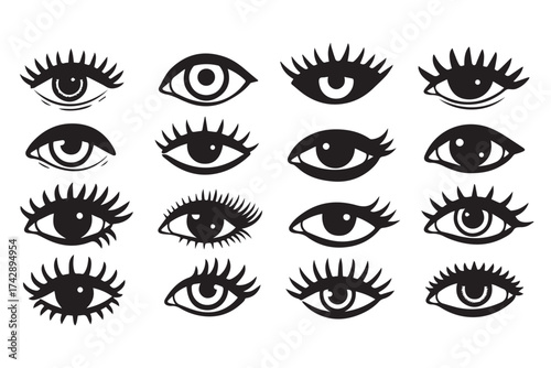 Collection of diverse black and white eye illustrations with eyelashes, isolated on transparent background