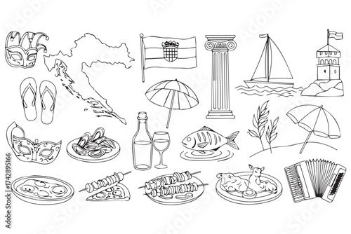 Collection of croatian cultural icons, including food, landmarks, and symbols, isolated on transparent background