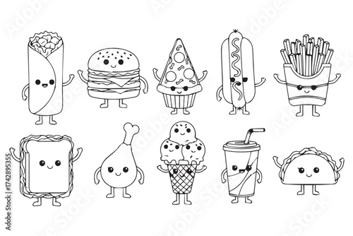 Collection of cute, anthropomorphic fast food characters, including a burger, pizza, and fries, isolated on transparent background