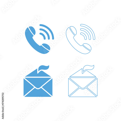 Simple blue icons depicting communication methods phones and email messages