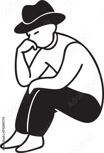 Stylized silhouette of a thoughtful person wearing a hat contemplating