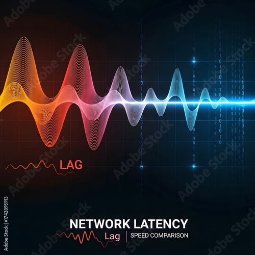 Abstract visualization of network latency and lag with colorful sound wave graph