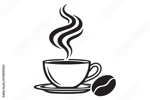 Black and white illustration of a steaming cup of coffee with a coffee bean isolated on transparent background