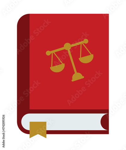 Vector illustration of a red law book with golden justice scales symbol, representing legal knowledge, law education, and the concept of justice, ethics, and legal system awareness.