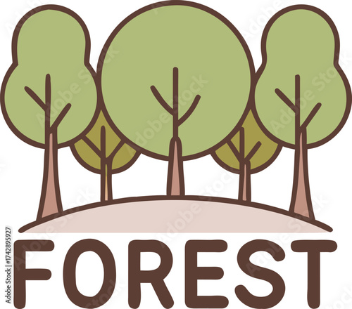 Charming cartoon forest scene with bold 'forest' text natural environment