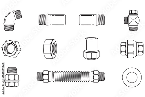 Collection of plumbing fittings and connectors isolated on transparent background