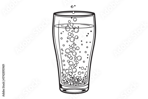 Line art illustration of a glass of fizzy drink with bubbles, isolated on transparent background