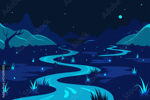 A beautiful dark winter night landscape with snow, stars, and a glowing moon illuminating a vast mountain silhouette under a deep blue sky