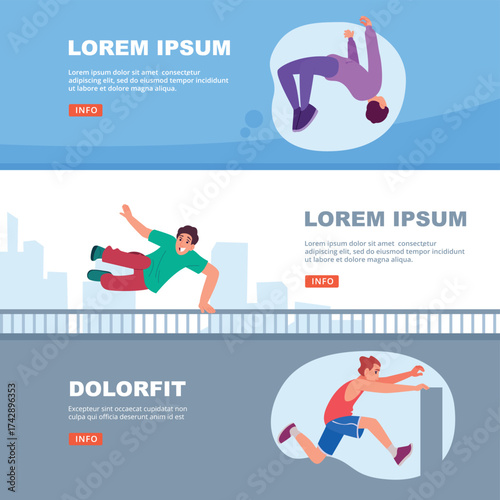Parkour. extreme characters running and jumping. vector banners
