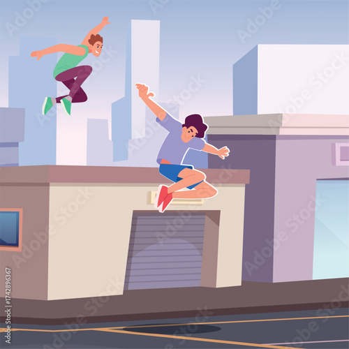 Parkour. sport athletes running and jumping in urban roof. extreme characters