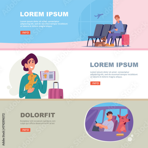 Travel with pets. male and female tourists travelling with domestic animals dogs and cats. vector banners
