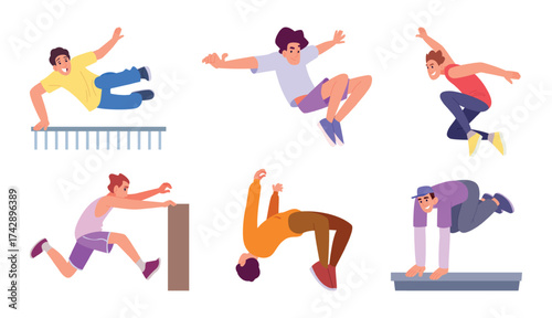 Parkour. Extreme outdoor runners and jumpers in urban streets exact vector active lifestyle sport athletes