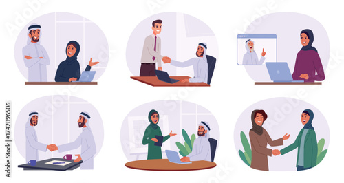 Arabian business. Professional connection of muslim character exact vector arabic people