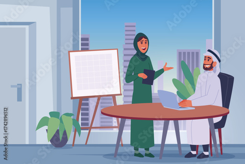 Muslim in office. Arabian professional business characters exact vector cartoon background