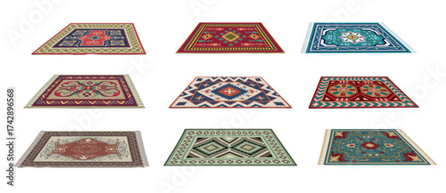 Carpets. Ornamental flat carpets for cozy interior decoration recent vector woven carpets