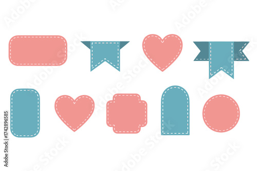 Collection of decorative tags and labels in pink and blue with stitched edges, suitable for crafting and design isolated on transparent background