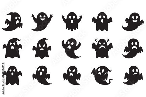 A collection of 15 cute and spooky cartoon ghost icons isolated on a transparent background, perfect for halloween themes