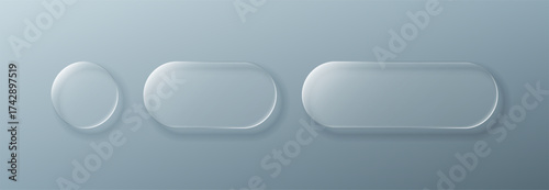 Set of liquid glass morphism blank shapes, including circle, rounded square, and rectangle. Modern abstract design template for UI, UX, web application.