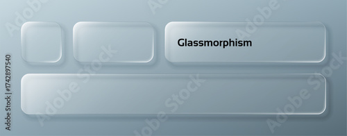 Glass morphism user interface elements on a gray background for web design. Modern UI clear buttons and frosted glass effect graphics. User experience concept.