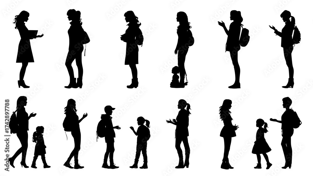 Fototapeta premium Collection of teacher silhouettes guiding students in a vibrant educational environment