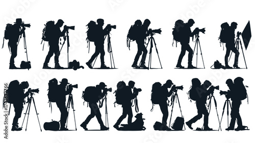 Collection of silhouettes depicting photographers capturing outdoor scenes with tripods and equipment in a minimalist vector design