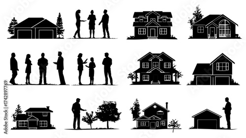 Collection of real estate agent silhouettes interacting with clients and homes in a simple vector design for marketing use