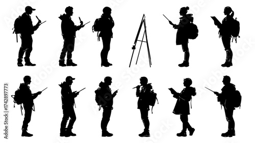 Collection of teacher silhouettes engaged in various teaching activities in a vector graphic style