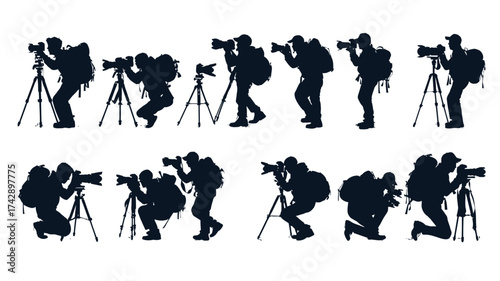 Silhouettes of photographers at work capturing moments in various poses during a busy outdoor setting