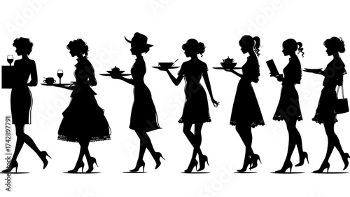 Collection of waiter and waitress silhouettes showcasing various actions in a sleek 2D vector style