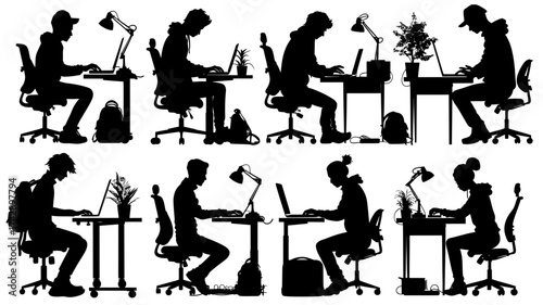 Collection of software developer silhouettes working at desks with laptops and plants in a simple, minimalistic style
