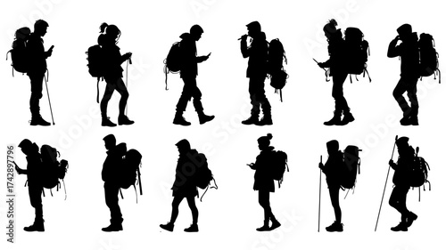 Silhouettes of diverse UIUX designers engaged in various activities with backpacks in a creative workspace