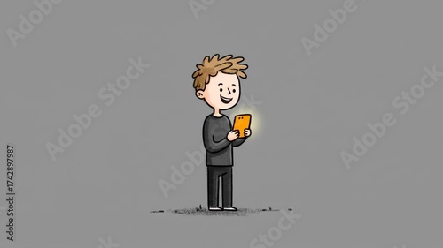 Cute Cartoon Boy Character Using a Glowing Mobile Phone Animation.