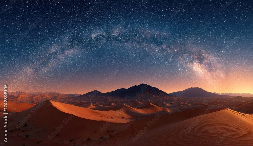 Naklejka premium Vast desert landscape under a vibrant night sky with the Milky Way