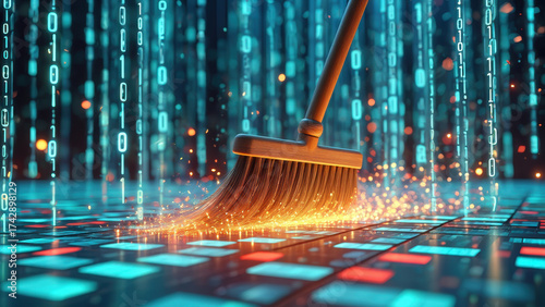 Digital broom sweeping data blocks on glowing binary background, concept of cybersecurity, data cleaning, digital hygiene, system optimization, artificial intelligence and tech maintenance