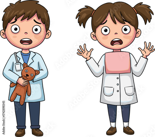 Cartoon children dressed as doctors, medical role play, emotional expressions, healthcare education, pediatric care, white coat kids, vector illustration