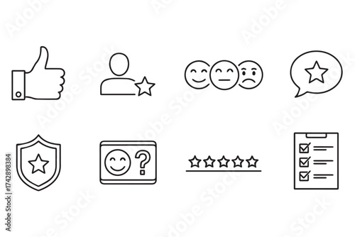Collection of icons representing customer feedback, ratings, and user satisfaction, isolated on transparent background