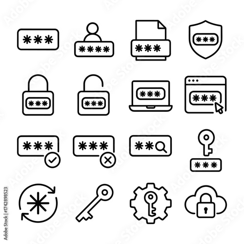 Cyber security vector icon collection. Outline symbols. Line design