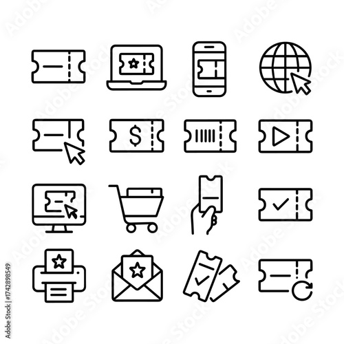 Online ticketing system icons. Outline symbols. Line design