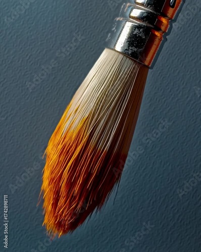 Close-up of a paintbrush stroking canvas under soft studio light, photorealistic, minimal and calming