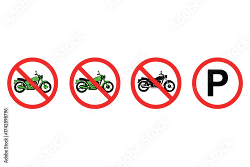Set of four traffic signs three prohibiting motorcycles and one indicating parking, isolated on transparent background