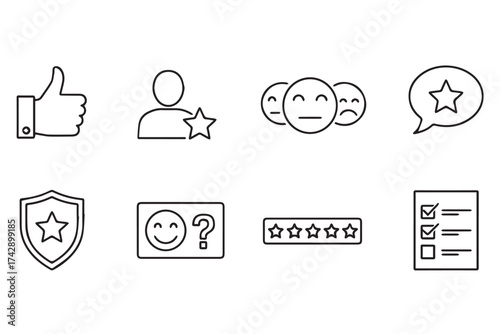 Set of outline icons representing customer feedback, ratings, and user experience, isolated on transparent background