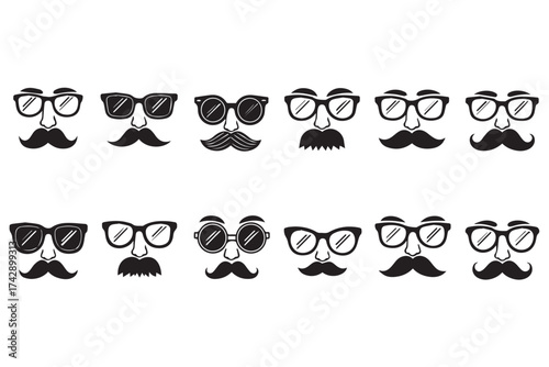 Assortment of cartoon mustaches and glasses combinations, offering a variety of disguise and costume accessory options, isolated on transparent background