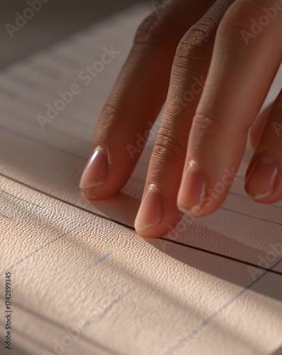 Close-up of fingertips tracing a textured journal under soft afternoon light, photorealistic, minimal and calming