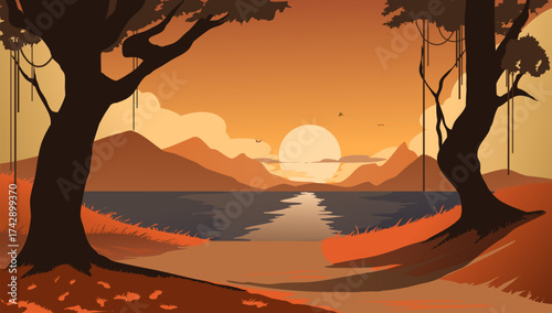 Vector illustration of sunset and mountain views with lakes and tree silhouettes