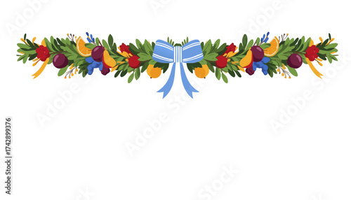 Sukkot garlands with colorful fruits and blue ribbon decoration  