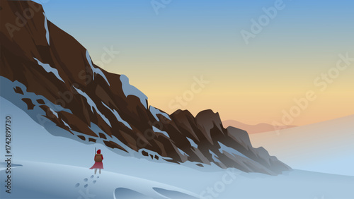 Vector illustration of an explorer in a red coat exploring a snowy mountain