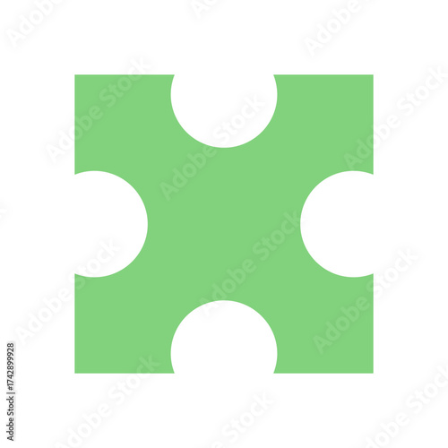 Flat green jigsaw puzzle piece with silhouette style. Simple tile design for boardgame and table play. Concept for fun, hobby, and strategy themes in leisure activity contexts.