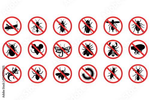 Collection of various insect and pest prohibition signs isolated on transparent background